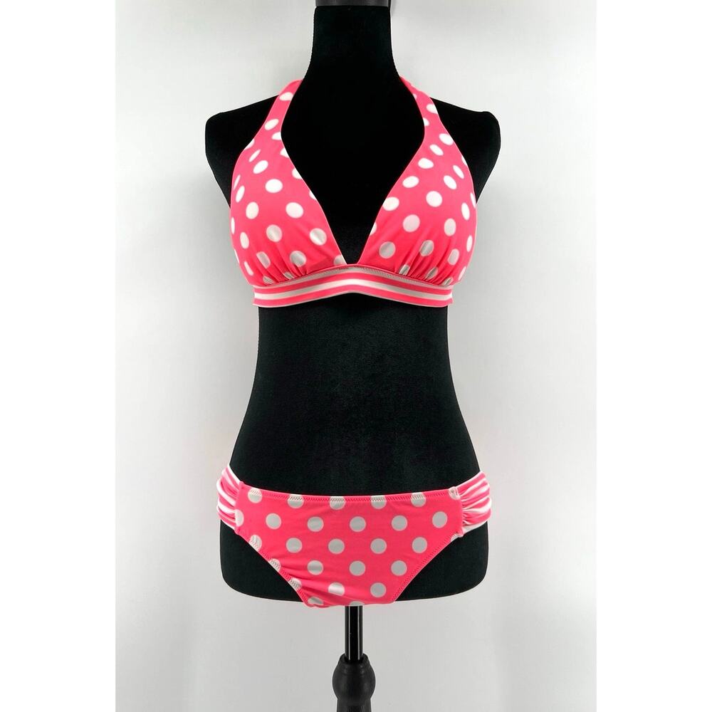 Victoria's Secret Beach Sexy Pink & White Polka Dot Halter Bikini Y2K